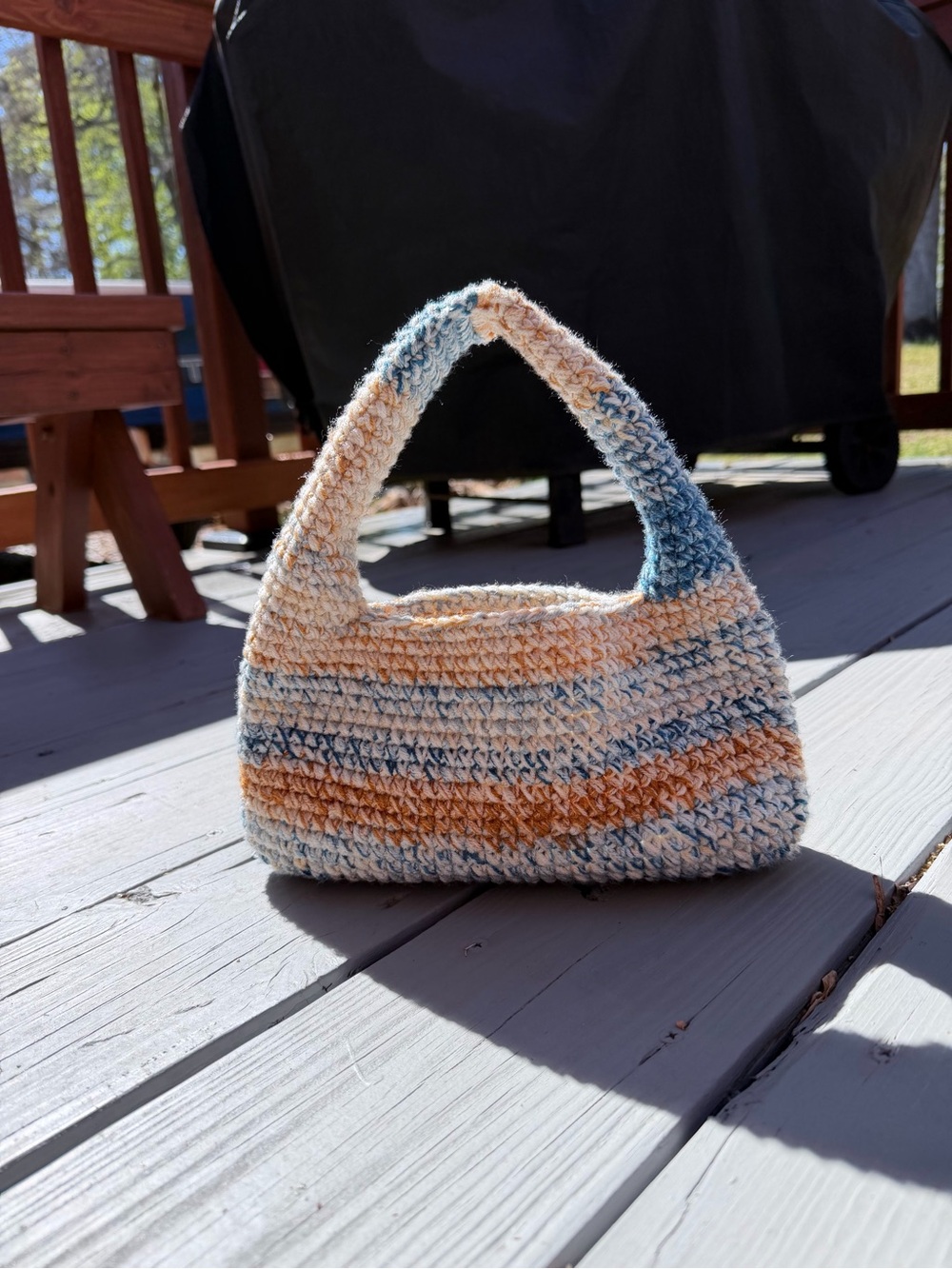 Striped Crochet Mini Shoulder Bag in Cream, Blue & Tan